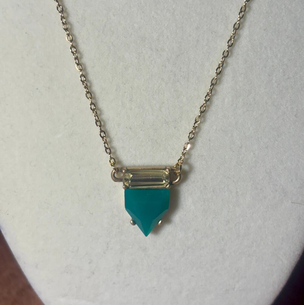 Teal Geometric Pendant Necklace, Vintage Style Gold Chain